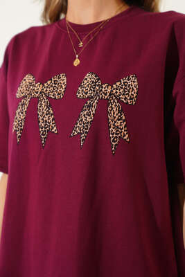Leopar Fiyonk Baskılı T-shirt Bordo - Kadın Giyim Modelleri