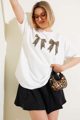 Leopar Fiyonk Baskılı T-shirt Ekru 