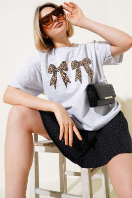 Leopar Fiyonk Baskılı T-shirt Gri 