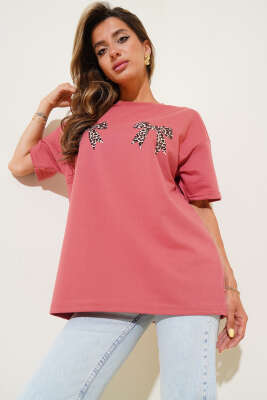 Leopar Fiyonk Baskılı T-shirt Gül Kurusu - Kadın Giyim Modelleri