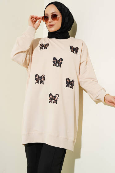 Leopar Fiyonk Nakışlı Tunik Bej - Tunik