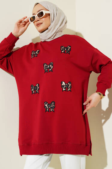 Leopar Fiyonk Nakışlı Tunik Bordo - Tunik