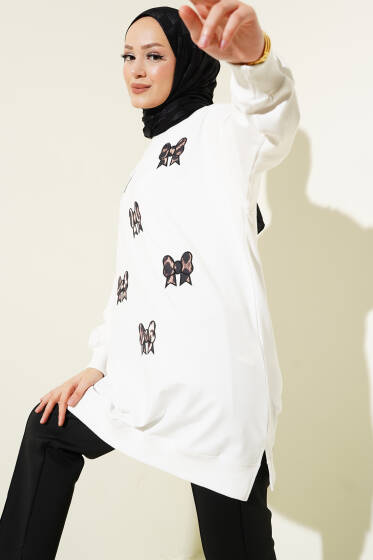Leopar Fiyonk Nakışlı Tunik Ekru - Tunik