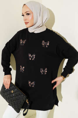 Leopar Fiyonk Nakışlı Tunik Siyah 