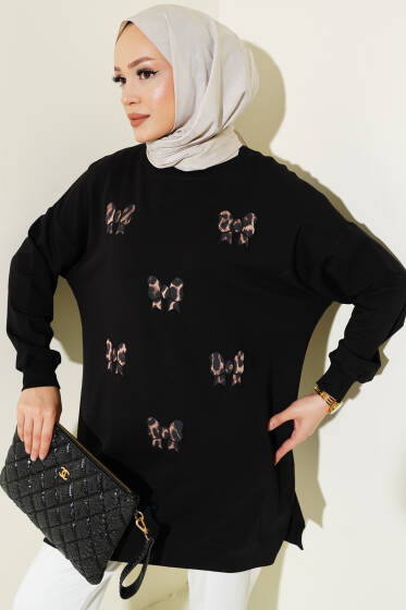 Leopar Fiyonk Nakışlı Tunik Siyah - Tunik