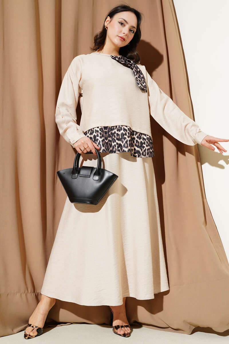 Leopar Fiyonklu Tunik İkili Takım Bej