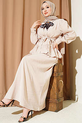 Leopar Fularlı Modal Etekli İkili Takım Bej - NEVA MODA