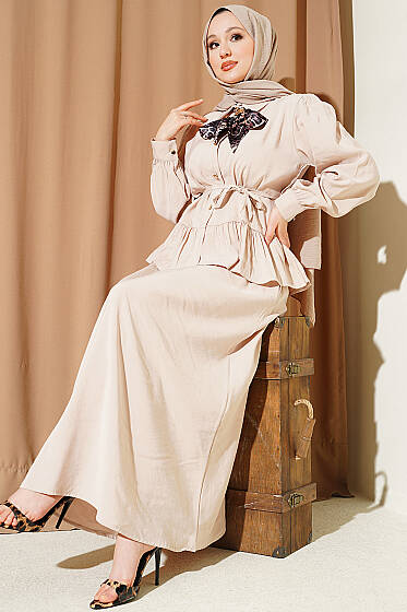 Leopar Fularlı Modal Etekli İkili Takım Bej - İkili Takım