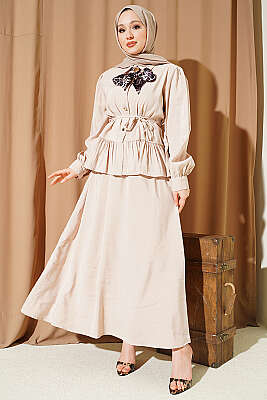 Leopar Fularlı Modal Etekli İkili Takım Bej - İkili Takım