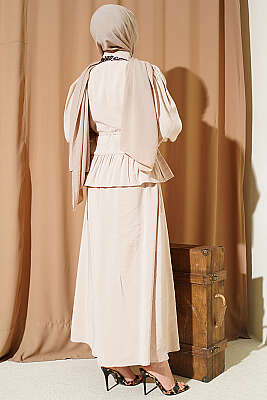 Leopar Fularlı Modal Etekli İkili Takım Bej - İkili Takım