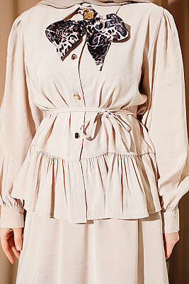 Leopar Fularlı Modal Etekli İkili Takım Bej - İkili Takım