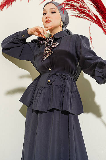 Leopar Fularlı Modal Etekli İkili Takım Füme - İkili Takım