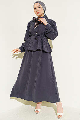 Leopar Fularlı Modal Etekli İkili Takım Füme - İkili Takım