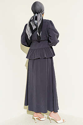 Leopar Fularlı Modal Etekli İkili Takım Füme - İkili Takım