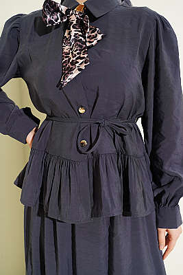 Leopar Fularlı Modal Etekli İkili Takım Füme - İkili Takım