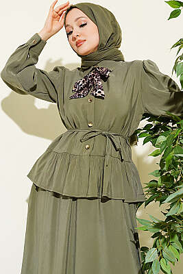 Leopar Fularlı Modal Etekli İkili Takım Haki - NEVA MODA