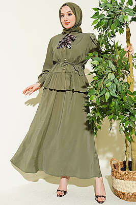 Leopar Fularlı Modal Etekli İkili Takım Haki - İkili Takım