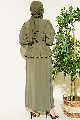 Leopar Fularlı Modal Etekli İkili Takım Haki - İkili Takım