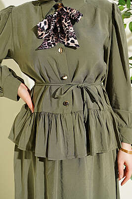 Leopar Fularlı Modal Etekli İkili Takım Haki - İkili Takım