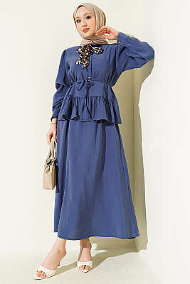 Leopar Fularlı Modal Etekli İkili Takım Lacivert - NEVA MODA