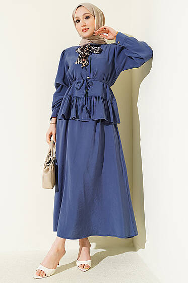 Leopar Fularlı Modal Etekli İkili Takım Lacivert - İkili Takım