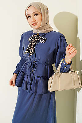 Leopar Fularlı Modal Etekli İkili Takım Lacivert - İkili Takım