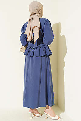 Leopar Fularlı Modal Etekli İkili Takım Lacivert - İkili Takım