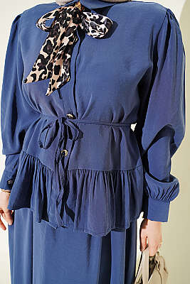 Leopar Fularlı Modal Etekli İkili Takım Lacivert - İkili Takım