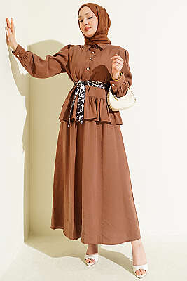 Leopar Fularlı Modal Etekli İkili Takım Latte - NEVA MODA