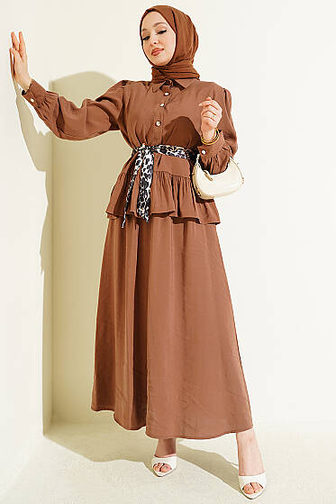 Leopar Fularlı Modal Etekli İkili Takım Latte - İkili Takım