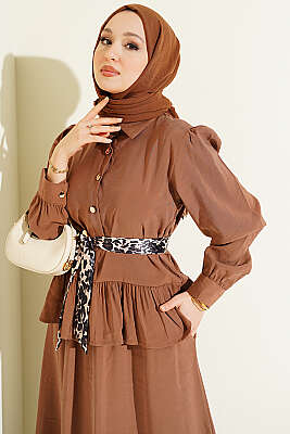 Leopar Fularlı Modal Etekli İkili Takım Latte - İkili Takım