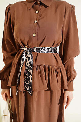 Leopar Fularlı Modal Etekli İkili Takım Latte - İkili Takım