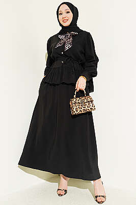 Leopar Fularlı Modal Etekli İkili Takım Siyah - NEVA MODA