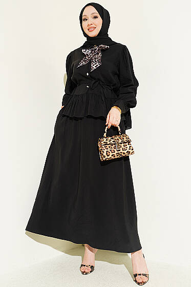 Leopar Fularlı Modal Etekli İkili Takım Siyah - İkili Takım