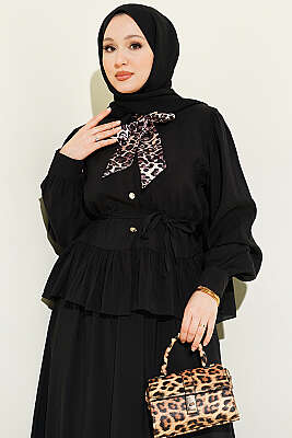 Leopar Fularlı Modal Etekli İkili Takım Siyah - İkili Takım