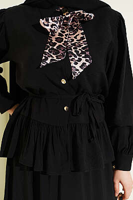 Leopar Fularlı Modal Etekli İkili Takım Siyah - İkili Takım