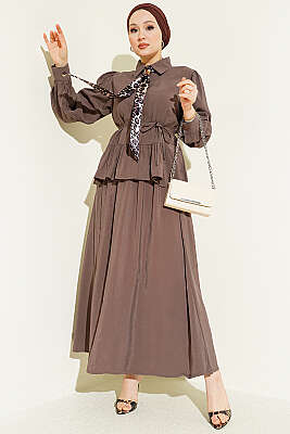 Leopar Fularlı Modal Etekli İkili Takım Vizon - NEVA MODA