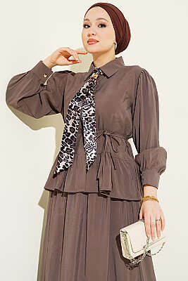 Leopar Fularlı Modal Etekli İkili Takım Vizon - İkili Takım