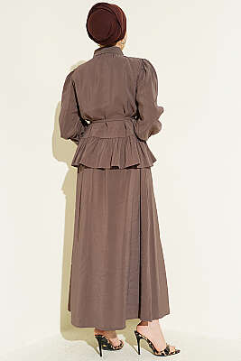 Leopar Fularlı Modal Etekli İkili Takım Vizon - İkili Takım