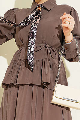 Leopar Fularlı Modal Etekli İkili Takım Vizon - İkili Takım