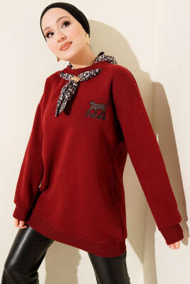 Leopar Fularlı Üç İplik Tunik Bordo - TEGOE