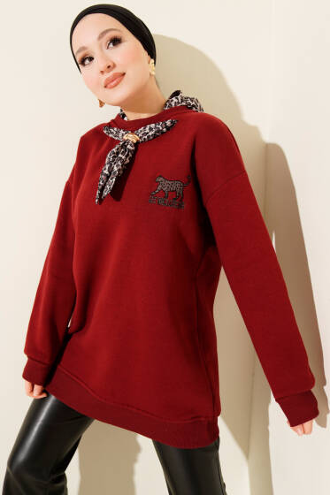 Leopar Fularlı Üç İplik Tunik Bordo - Tunik