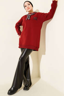 Leopar Fularlı Üç İplik Tunik Bordo - Tunik