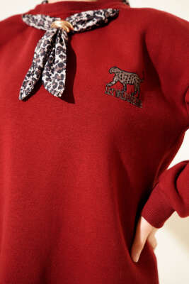 Leopar Fularlı Üç İplik Tunik Bordo - Tunik