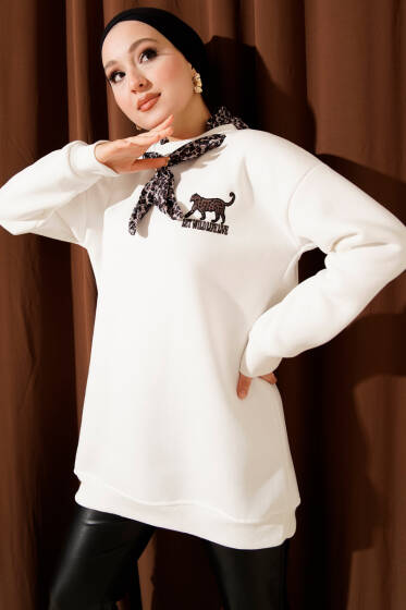 Leopar Fularlı Üç İplik Tunik Ekru - Tunik