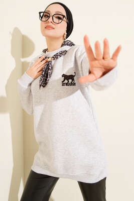 Leopar Fularlı Üç İplik Tunik Gri - TEGOE