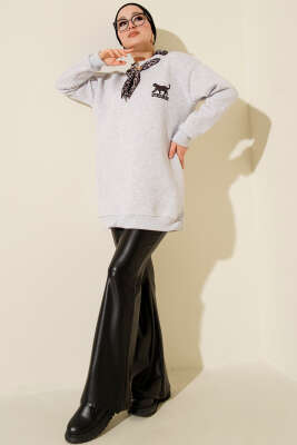 Leopar Fularlı Üç İplik Tunik Gri - Tunik