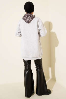 Leopar Fularlı Üç İplik Tunik Gri - Tunik