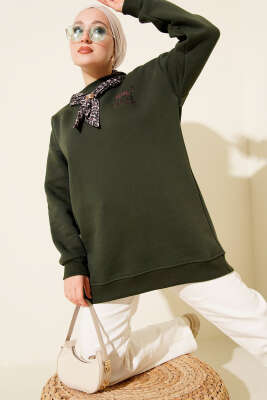 Leopar Fularlı Üç İplik Tunik Haki - TEGOE