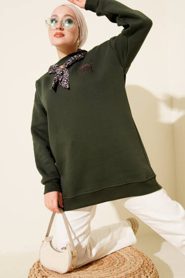 Leopar Fularlı Üç İplik Tunik Haki - Tunik
